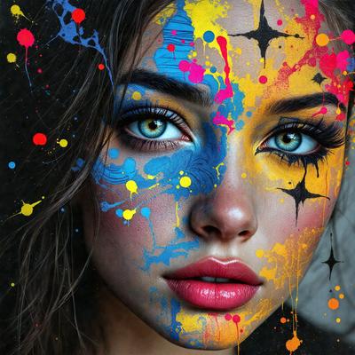 The primary subject of the image is a woman with a face painted in various colors, including blue, yellow, and orange. She is wearing makeup and has a vibrant, artistic appearance. The setting is a close-up of her face, and the visual style is a combination of a photo and digital art. The colors and mood of the image are lively and energetic, with the woman's face being the main focus of the image.